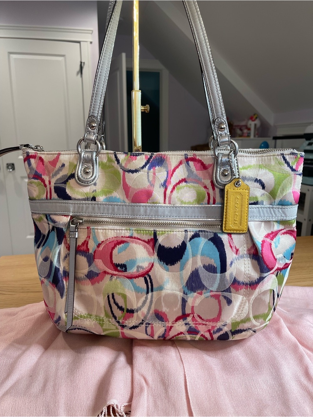 Coach Multicolor Circle Print Shoulder Bag with Silver Trim
